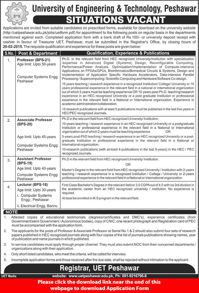 UET Peshawar Jobs 2015 Computer System Electrical Engineering Faculty 